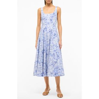 Staud Wells Floral Print Stretch Cotton Midi Dress in Periwinkle Sketchbook Floral at Nordstrom Rack, Size 8