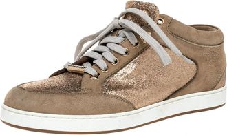 Jimmy Choo London Beige Glitter And Suede Miami Lace Up Sneakers