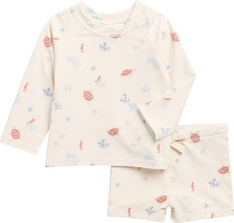 Rylee + Cru Kids Aquatic Long Sleeve Two-Piece Rashguard Swimsuit in Natural at Nordstrom, Size 12-18M