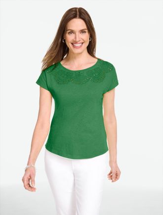 Talbots Plus Petite - Eyelet Seashell T-Shirt - Grove Green - 1X - 100% Cotton Talbots
