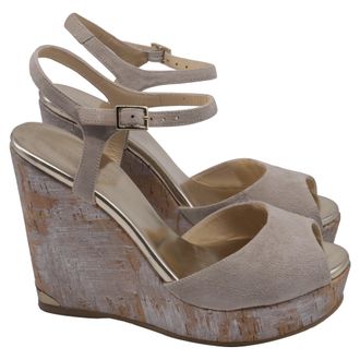 Jimmy Choo London Ankle Strap Cork Wedge Sandals in Beige Suede