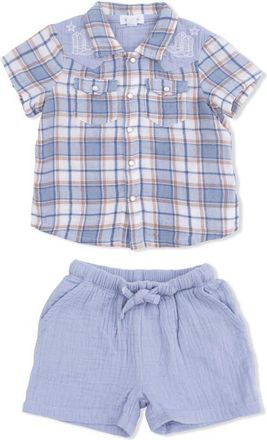 Angel Dear Western Boot Plaid Organic Cotton Muslin Pearl Snap Shirt & Shorts Set in Blue at Nordstrom, Size 12-18M