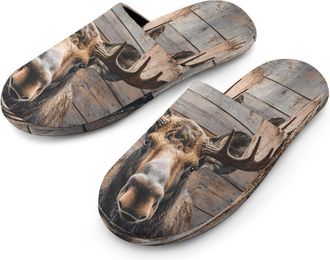 Generic Moose on Wood Mens Cotton Slippers Memory Foam Comfort House Shoes Winter Indoor Slipper for Hotel Casa Spa