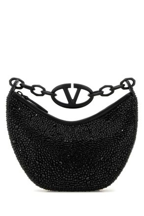 Valentino Garavani Black Embellished VLogo Moon Handbag