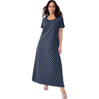Jessica London Stretch Cotton T-Shirt Maxi Dress in Navy Bias Stripe at Nordstrom, Size 28P