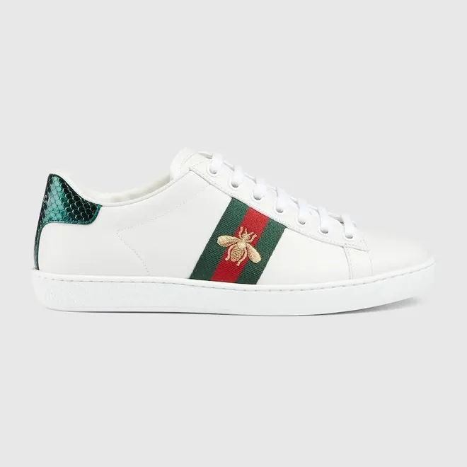 Womens Gucci Ace Sneaker With Bee, White, Leather