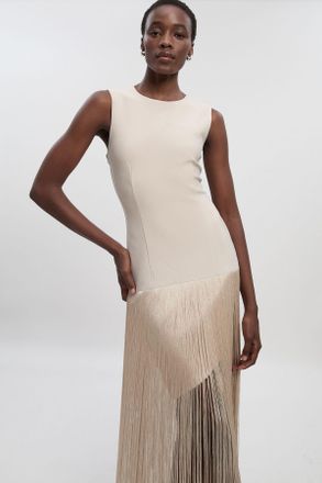 Karen Millen Womens Figure Form Bandage Tassel Hem Knitted Dress - Champagne - Size X-Small