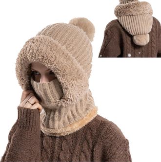 Generic 3 in 1 Beanie Hat, Winter Warm Knit Hood with Scarf and Face Cover, Windproof Thermal Cap for Outdoor Skiing Hiking (UK, Alpha, One Size, M, Brown)