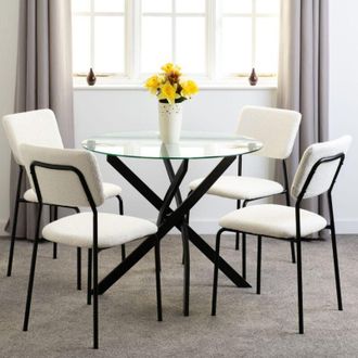 Seconique Sheldon Round Clear Glass Top Dining Set with 4 Ivory Boucle Fabric Chairs