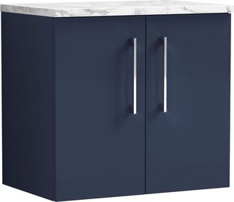 Nuie Arno Wall Hung 2-Door Vanity Unit with Carrera Marble Worktop 600mm Wide - Midnight Blue - Nuie