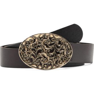 Mango Engraved Buckle Leather Belt in Chocolate at Nordstrom, Size Small