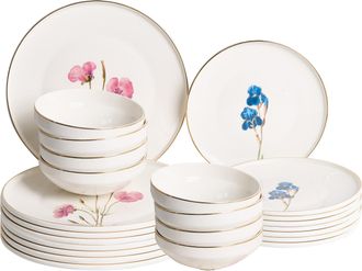 Beliani Vajilla De 24 Piezas De Porcelana Acabado Esmaltado Con Dise&ntilde;o Floral Multicolor Para 8 Personas Comedor Cocina Blanco Hyssop