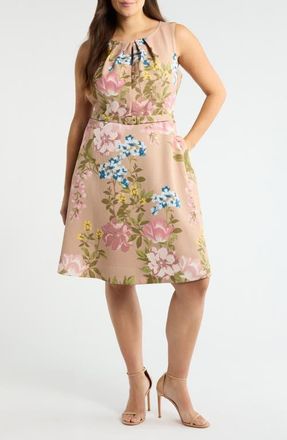 Tahari by ASL Floral Belted Pleat Neck Dress in Blush Toast at Nordstrom, Size 18W