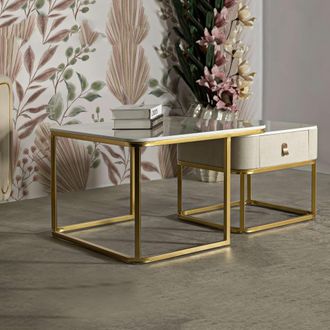Dmora Mesa De Centro Davarere, Un Caj&oacute;n, Set De 2 Combinable, Forma Cuadrada, 70x70x48h Cm Blanco M&aacute;rmol