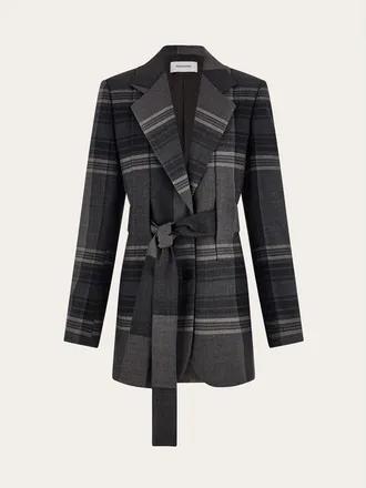 Ferragamo Grey Wool Silk Belted Jacket, Brand Size 44 (US Size 10)
