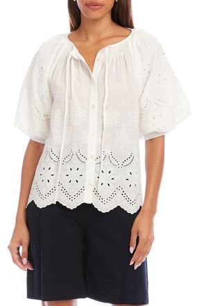 Karen Kane Eyelet Embroidered Cotton Button-Up Top in White at Nordstrom, Size X-Large