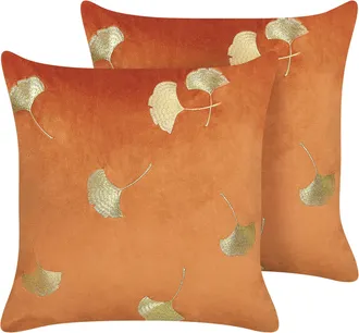 Beliani Beliani - Conjunto De 2 Cojines De Terciopelo Naranja Dorado 45 X 45 Cm Hoja Glamour Tulip