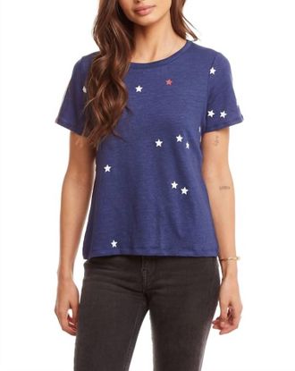 Chaser Linen Jersey Cropped Short Sleeve Open Tie Back Tee Top In Star Print