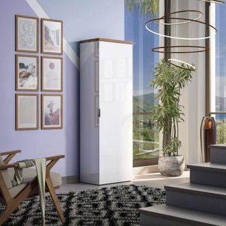 Dmora Armario Multiusos 1 Puerta Tani, Perchero, 5 Estantes Hecho En Italia, Una Puerta, 60x190h Cm Blanco Brillante