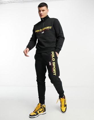 Polo Ralph Lauren Sport Capsule - Joggers neri con fondo elasticizzato e logo sulla gamba in coordinato-Nero
