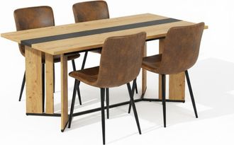 Urban Meuble Mesa de comedor efecto roble natural con 4 sillas marrones