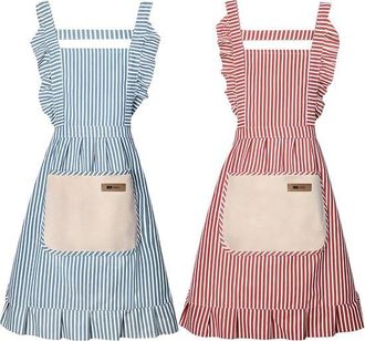 OEM Delantales - Delantales De Cocina Para Mujer - Delantales De Cocina - Paquete De 2 - Mezcla De Algod&oacute;n Y Lino - Con Bolsillos - 2 Colores