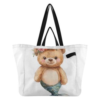 Generic Teddy Mermaid White pattern Reusable Canvas Tote Bag, Heavy Duty Grocery Shopping Bag with Large Capacity Hard Bottom Double Handles Work Groceries Tr