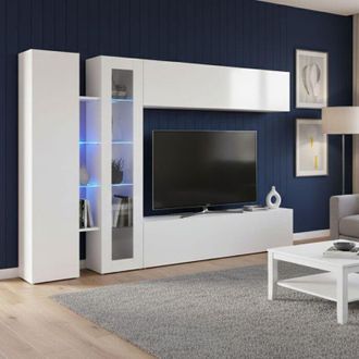 Dmora Pared Equipada Dborin, Conjunto De Sal&oacute;n Mueble Tv Con 4 Puertas, Mueble Sal&oacute;n Polivalente, 100% Made In Italy, Cm 280x30x180, Blanco Brillo - Dmora