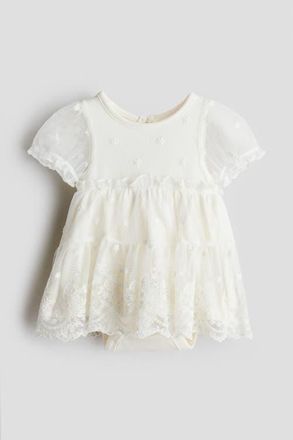 H&M Embroidered Mesh Bodysuit Dress in White at Nordstrom, Size 3M