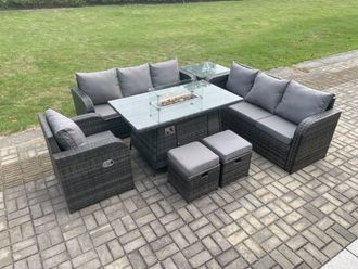 Fimous Rattan Outdoor Furniture Gas Fire Pit Rectangle Dining Table Gas Heater Reclining Chair 3 Seater Sofa Sets with 2 Small Footstools in Dark Grey