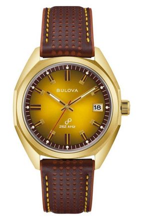 Bulova Jet Star Leather Strap Watch, 40mm in Gold-Tone at Nordstrom
