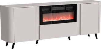Dmora Credenza Briano, Madia da salotto con due ante battenti, anta a ribalta e camino elettrico, Rialzata da terra, 191x40 h69 cm, Beige