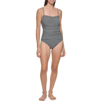 DKNY Print Shirred One Piece Swim Suit In Black/white