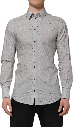 Dolce & Gabbana Gray Dotted Semi Fitted Gold Men Formal Shirt Cotton