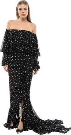 Balmain Black Polka Dot Off Shoulder Maxi Dress