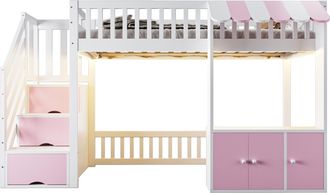 STILVORA Cama Alta 90 X 200 Cm Con Escalera De Almacenamiento, Led Multicolor, Sin Colch&oacute;n, De Madera Maciza Y Mdf, Rosa
