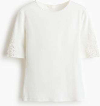 H&M Geripptes Shirt mit Spitze - Weiss