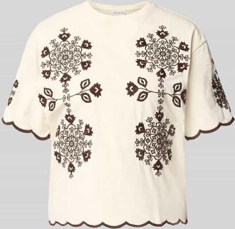Jake*s Casual T-Shirt mit Wellensaum und Motiv-Stitching in Beige, Gr&ouml;&szlig;e XXL
