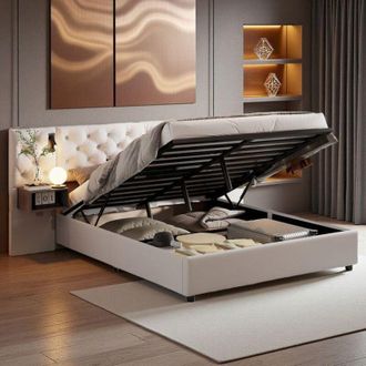 OEM Cama Doble 160x200 - Dise&ntilde;o Moderno - Almacenamiento Ba&uacute;l - Toma Usb-c - Terciopelo Blanco