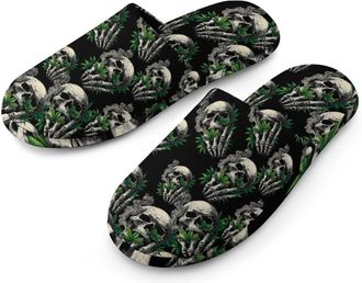 Generic Skull with Weed Mens Cozy Memory Foam Slippers Warm Cotton House Shoes Comfy Slipper for Indoor Outdoor