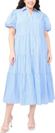 CeCe by Cynthia Steffe Stripe Tiered Cotton Shirtdress in Bellflower Blue at Nordstrom, Size 2X