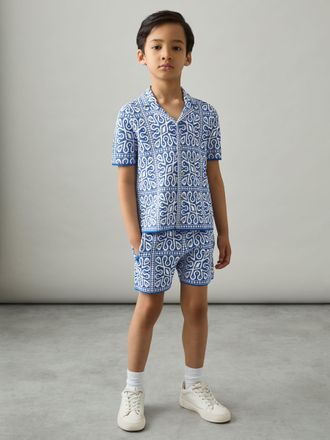Reiss Blue & white 9-13 yrs Tile Pattern Knit Shorts, 112