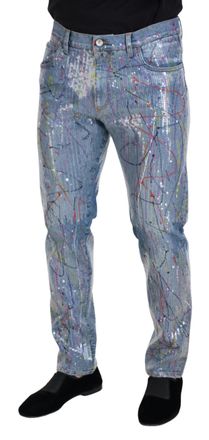 Dolce & Gabbana Mens Blue Cotton Splash Print Denim Jeans Clothing