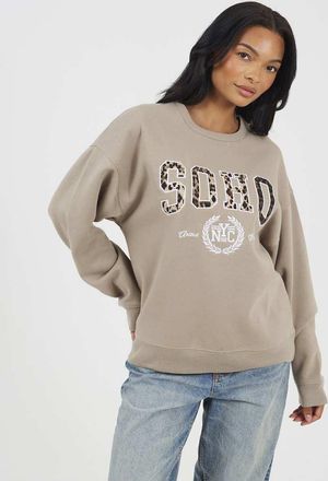 Brave Soul Felpa girocollo color talpa con scritta-Neutro