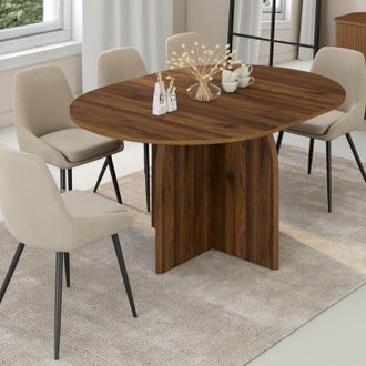 IDMarket Mesa De Comedor Redonda Extensible De Estilo <> Edith, Para 4-8 Personas, Con Pata Central De Dise&ntilde;o Redondeado En Nogal
