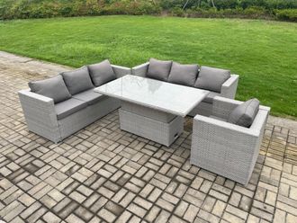 Fimous Outdoor PE Rattan Garden Funiture Set Height Adjustable Rising Lifting Table Sofa Dining Set with Armchair in Light Grey
