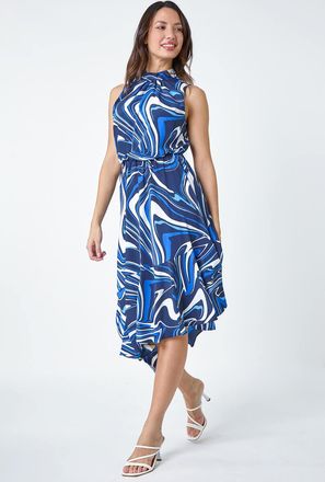 Roman Sleeveless Swirl Print Asymmetric Midi Dress