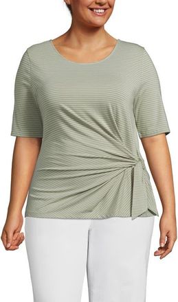 Lands End Lightweight Jersey Tie Front Top in Sage Thin Stripe at Nordstrom, Size 1X