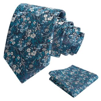 Alizeal Mens 8cm Colorful Floral Necktie and Pocket Square Classic Wedding Tie and Hanky Set, Dark Teal