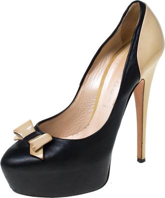 Casadei Black/beige Leather Bow Platform Pumps
